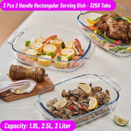 3 Pcs Tempered Glass Rectangular Serving Dish Two Dot Handle