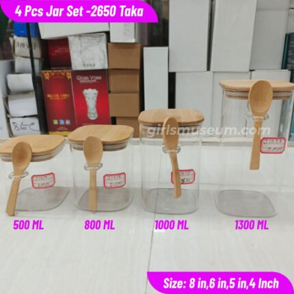 4 Pcs Airtight Square Glass Jar Set Wooden Lid with Spoon