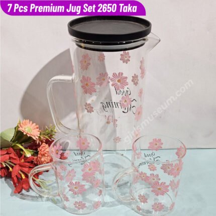 Borosilicate Glass Water/Juice Jug- 7 Pcs Set-Good Morning (Pink)